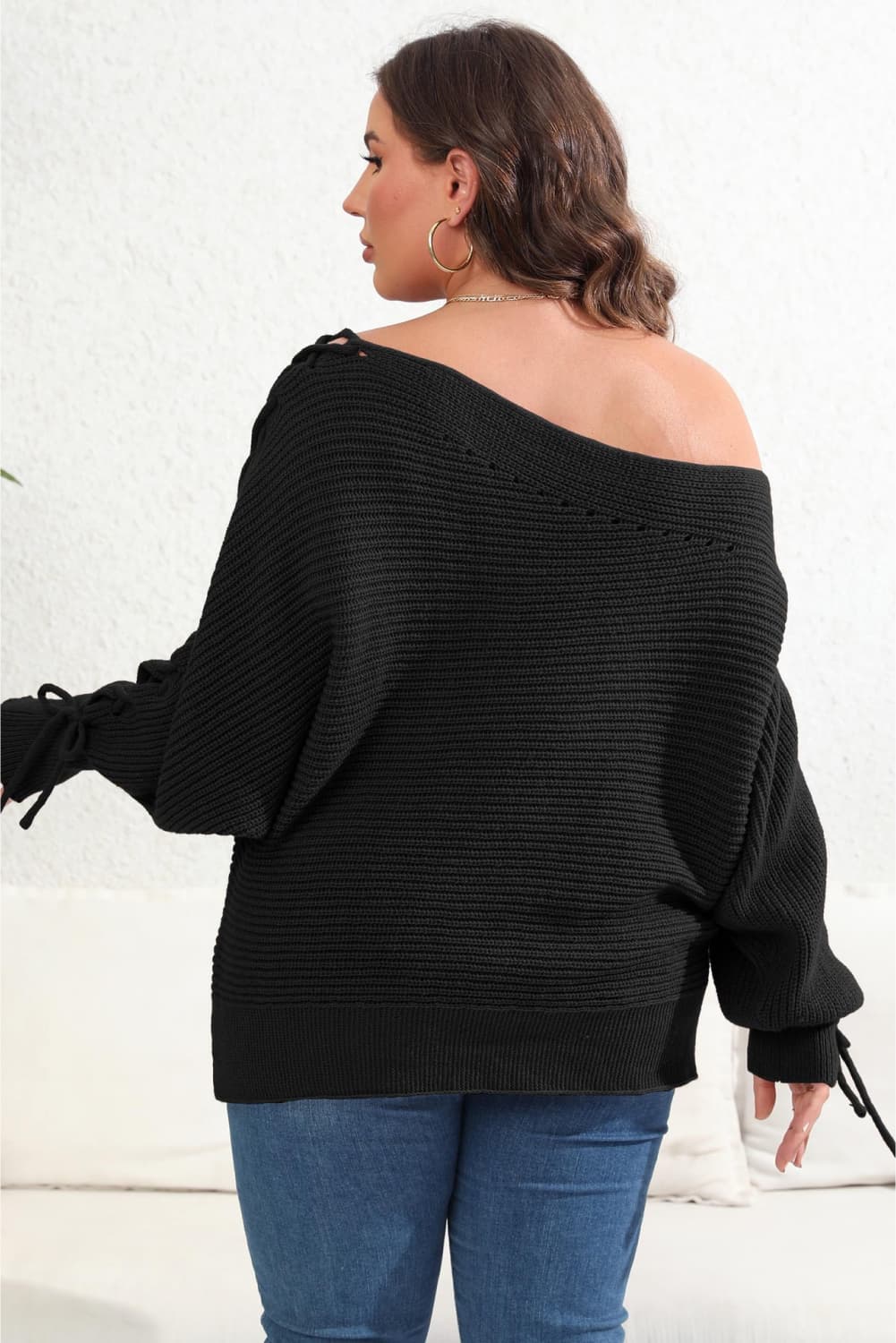 Plus Size One Shoulder Beaded Sweater