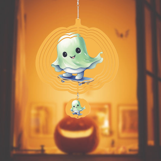 Ghost on Skateboard on Pumpkin Shaped Wind Spinner