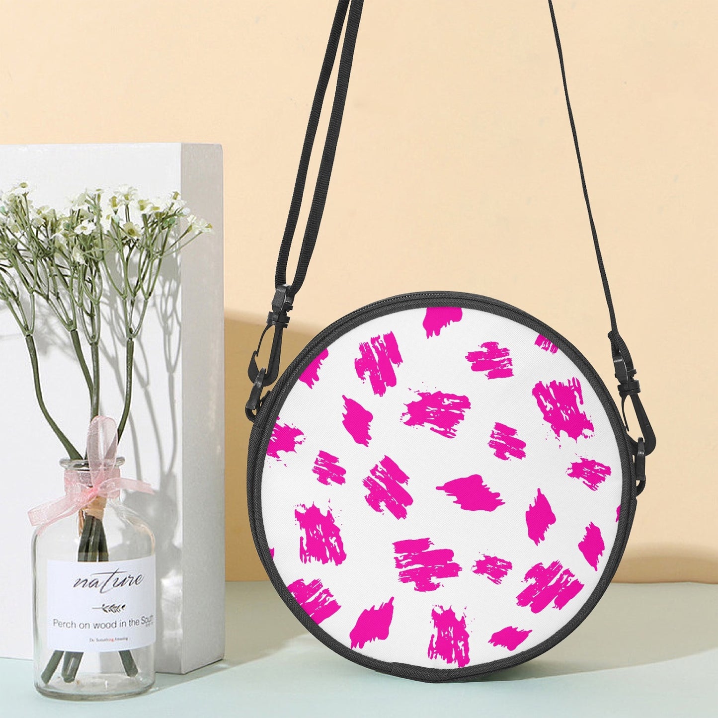 Pink and White Round Satchel Bag