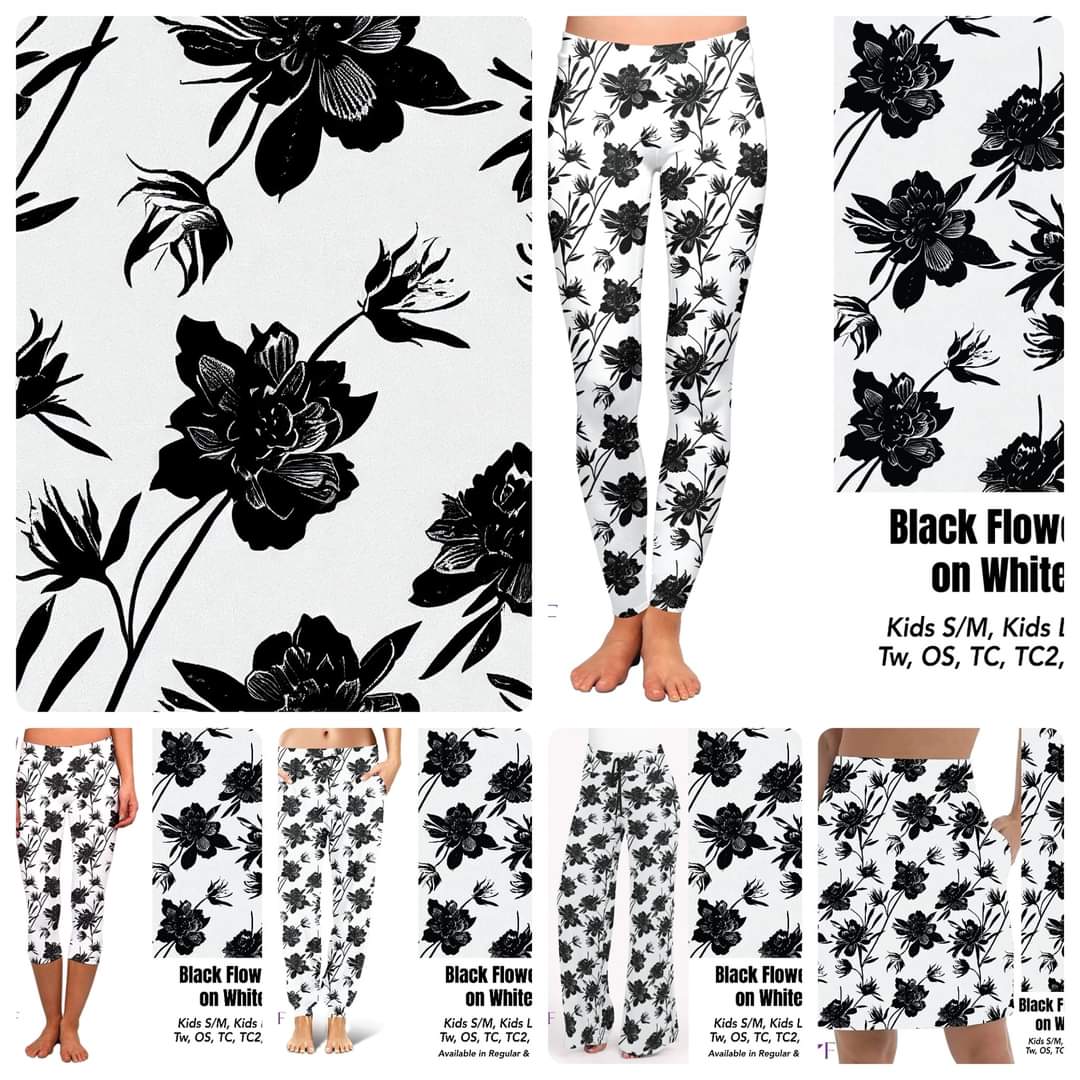 Black Flower on White leggings and 8" shorts with pockets