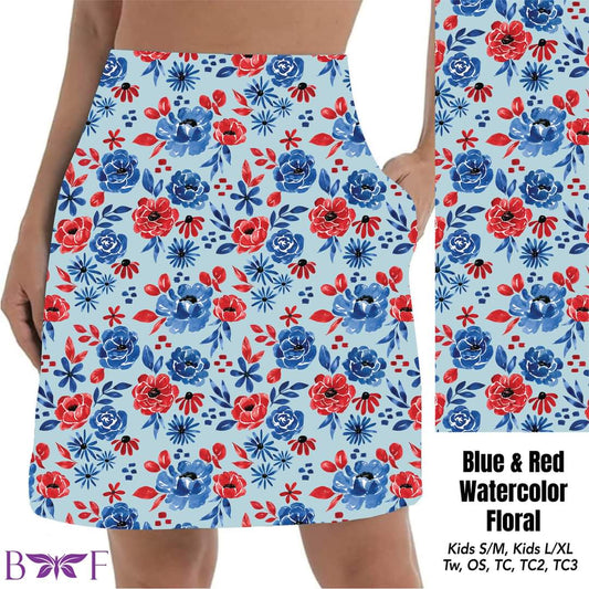 Blue & Red Watercolor Floral skort