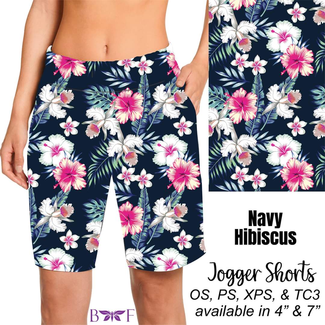 Navy Hibiscus Bike Shorts and capris with pockets