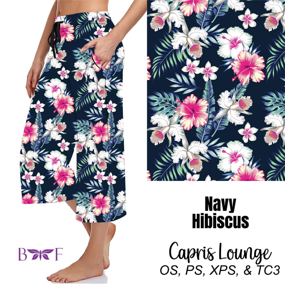 Navy Hibiscus Bike Shorts and capris with pockets