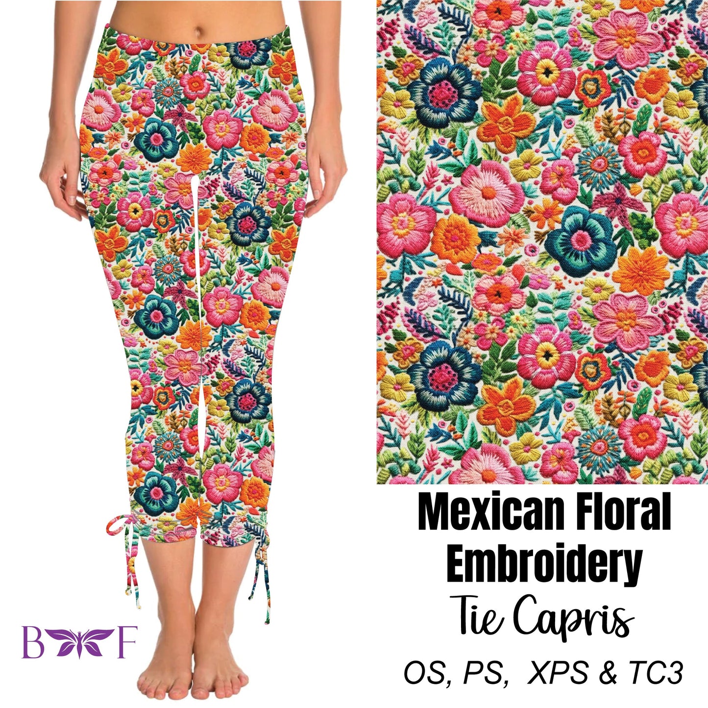 Mexican Floral Embroidery Side Tie Capris