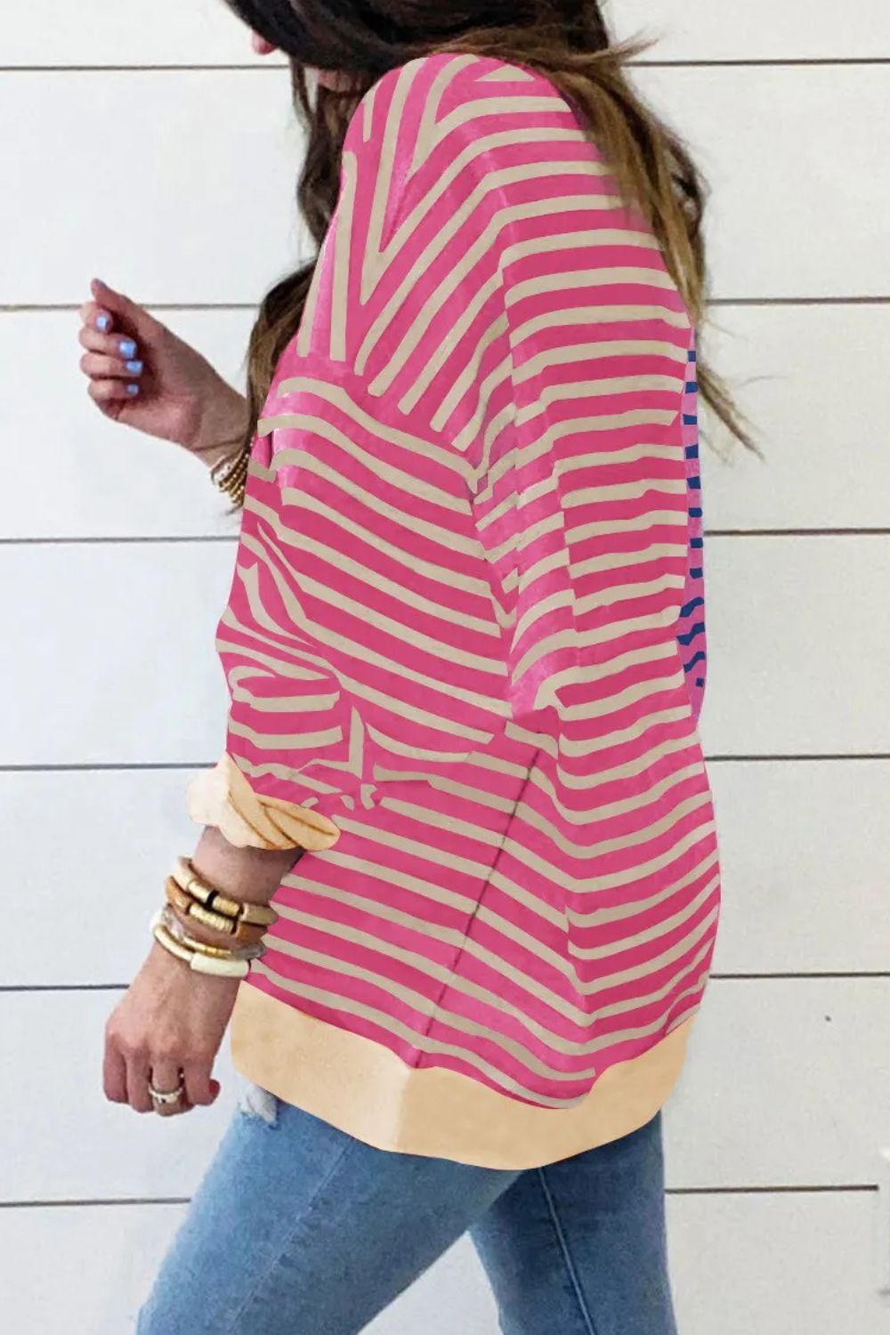 Contrast Stripes Round Neck Long Sleeve Sweatshirt