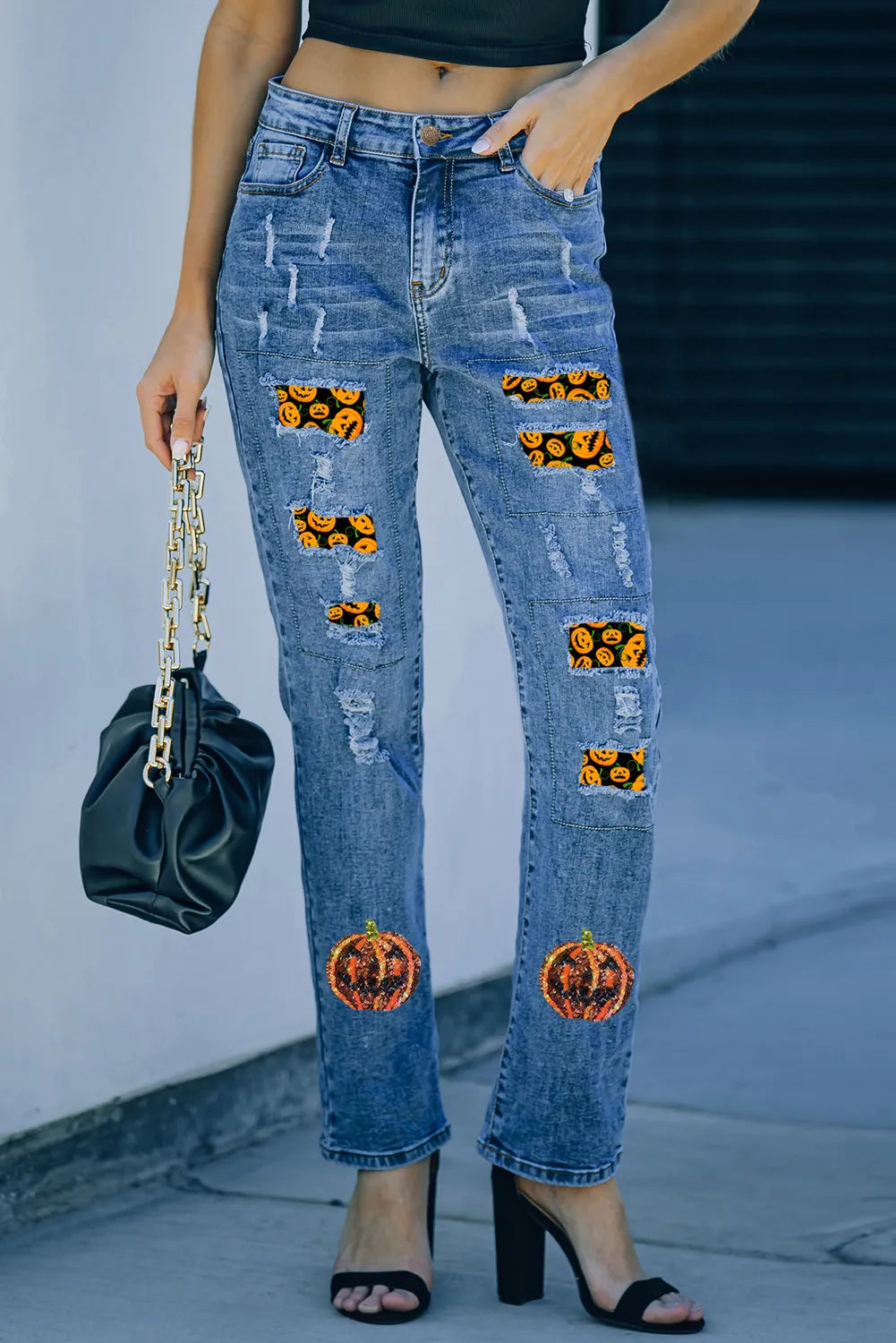 Pumpkin Distressed Straight Jeans