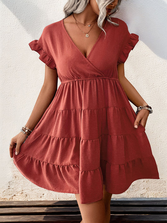 Tiered Surplice Flounce Sleeve Mini Dress