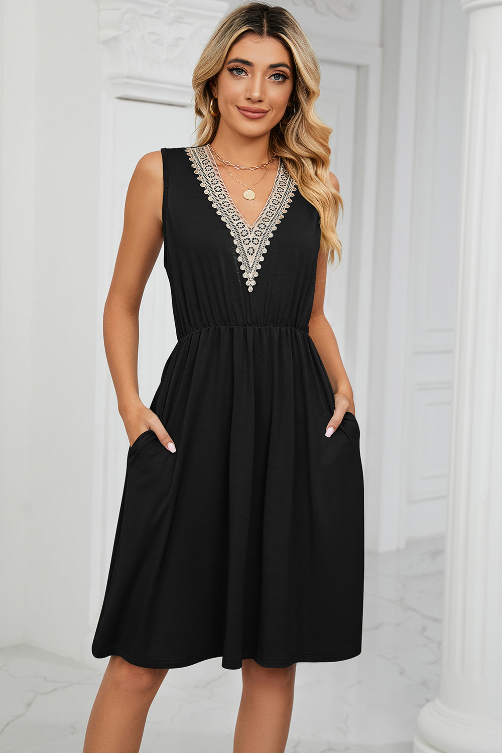 Pocketed V-Neck Wide Strap Dress