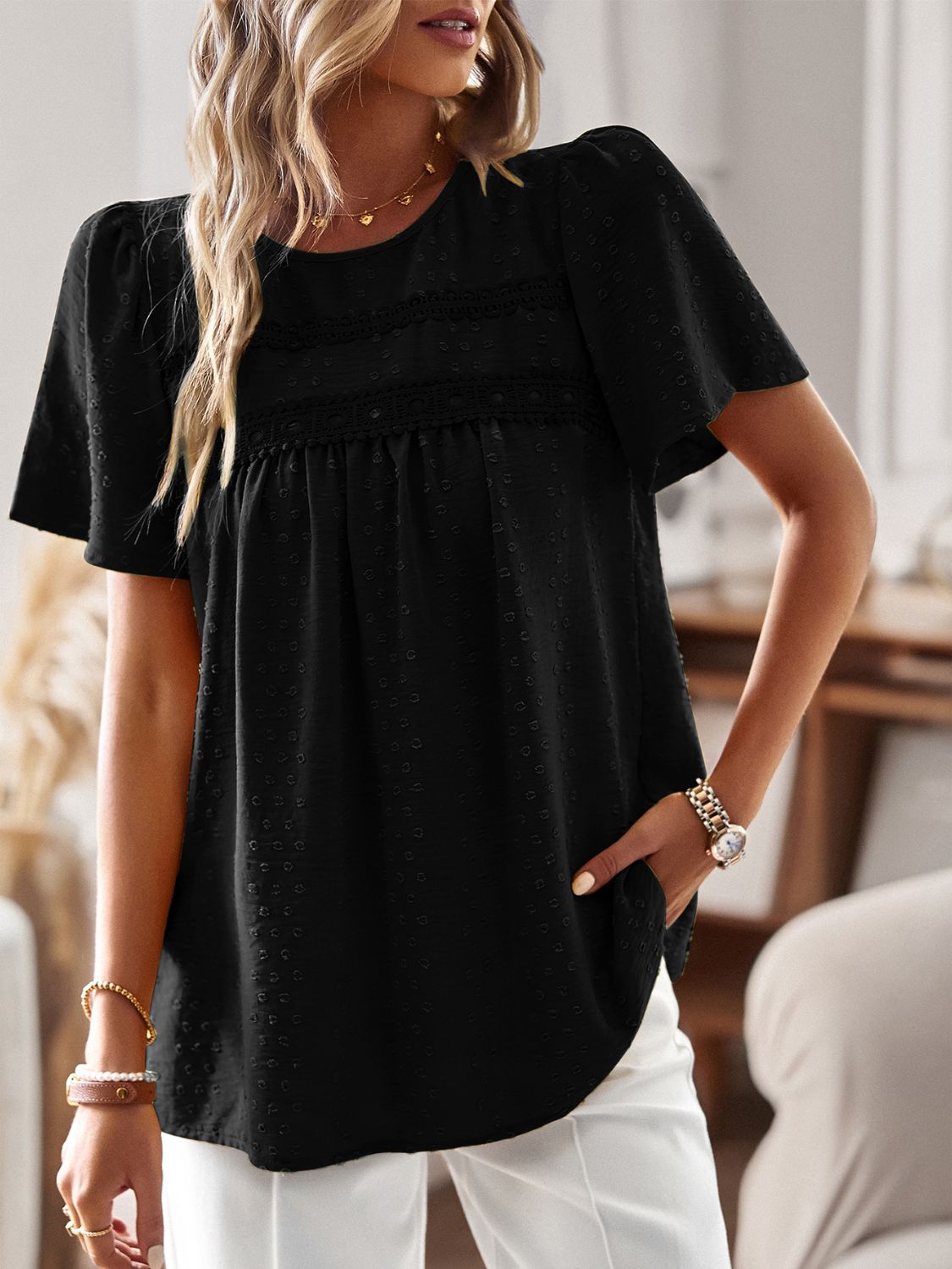 Lace Detail Round Neck Short Sleeve Blouse