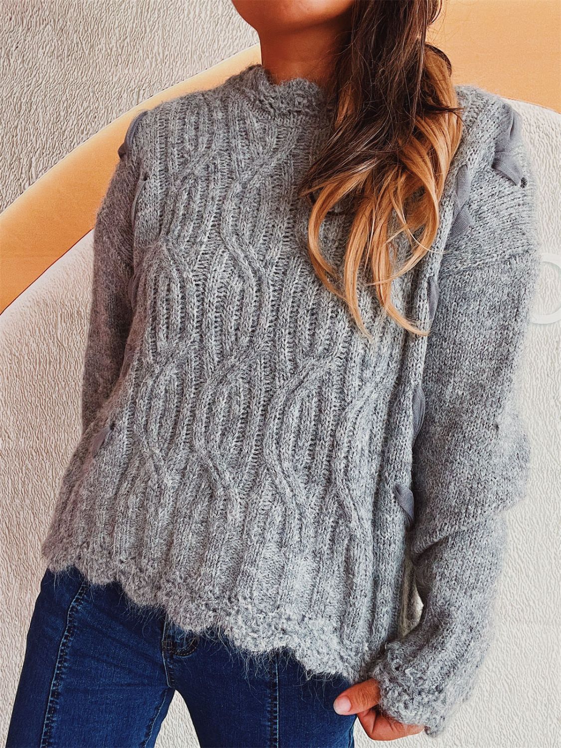 Scalloped Hem Dropped Shoulder Long Sleeve Sweater