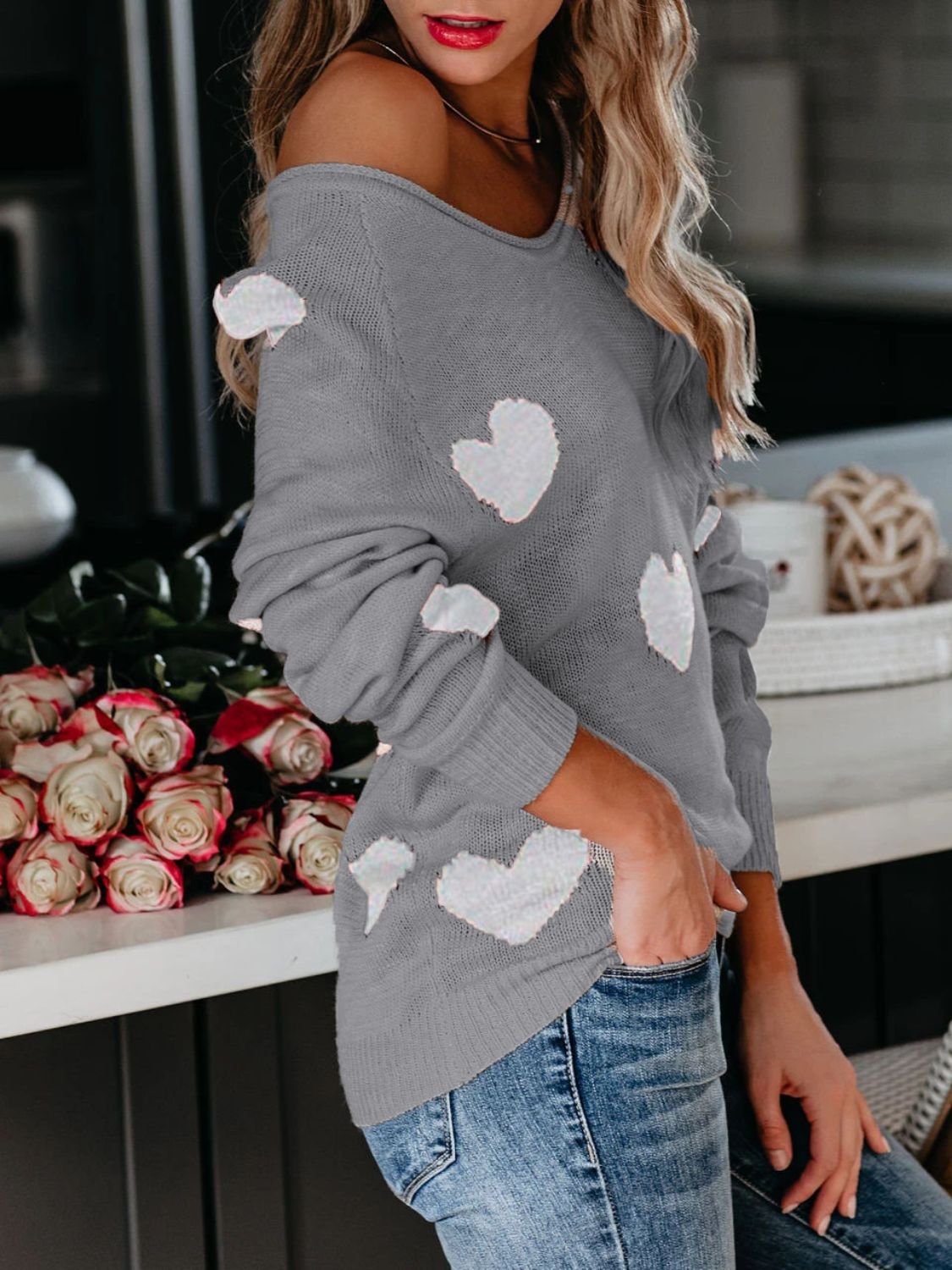 Heart Scoop Neck Long Sleeve Sweater