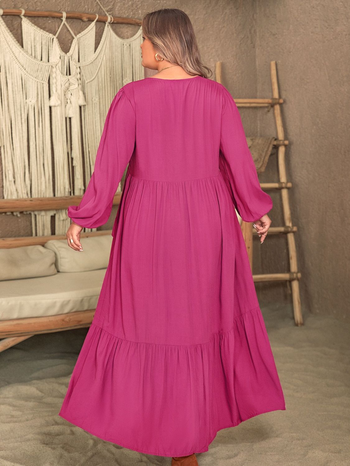 Plus Size Ruffled V-Neck Long Sleeve Dress