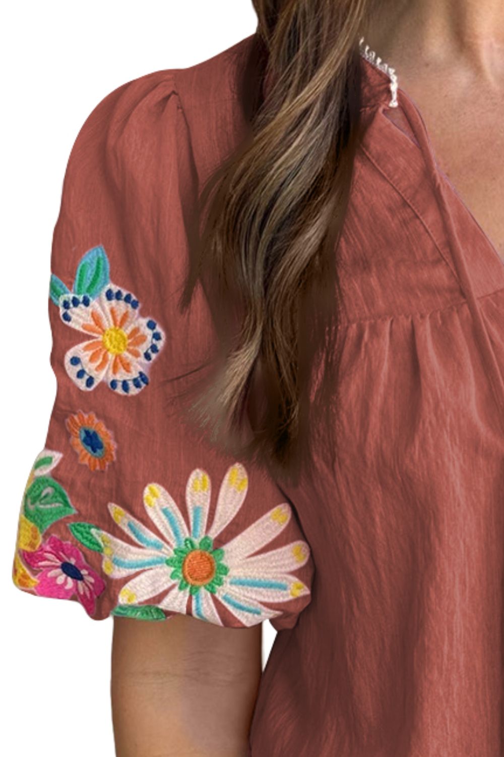 Embroidered Tie Neck Half Sleeve Blouse