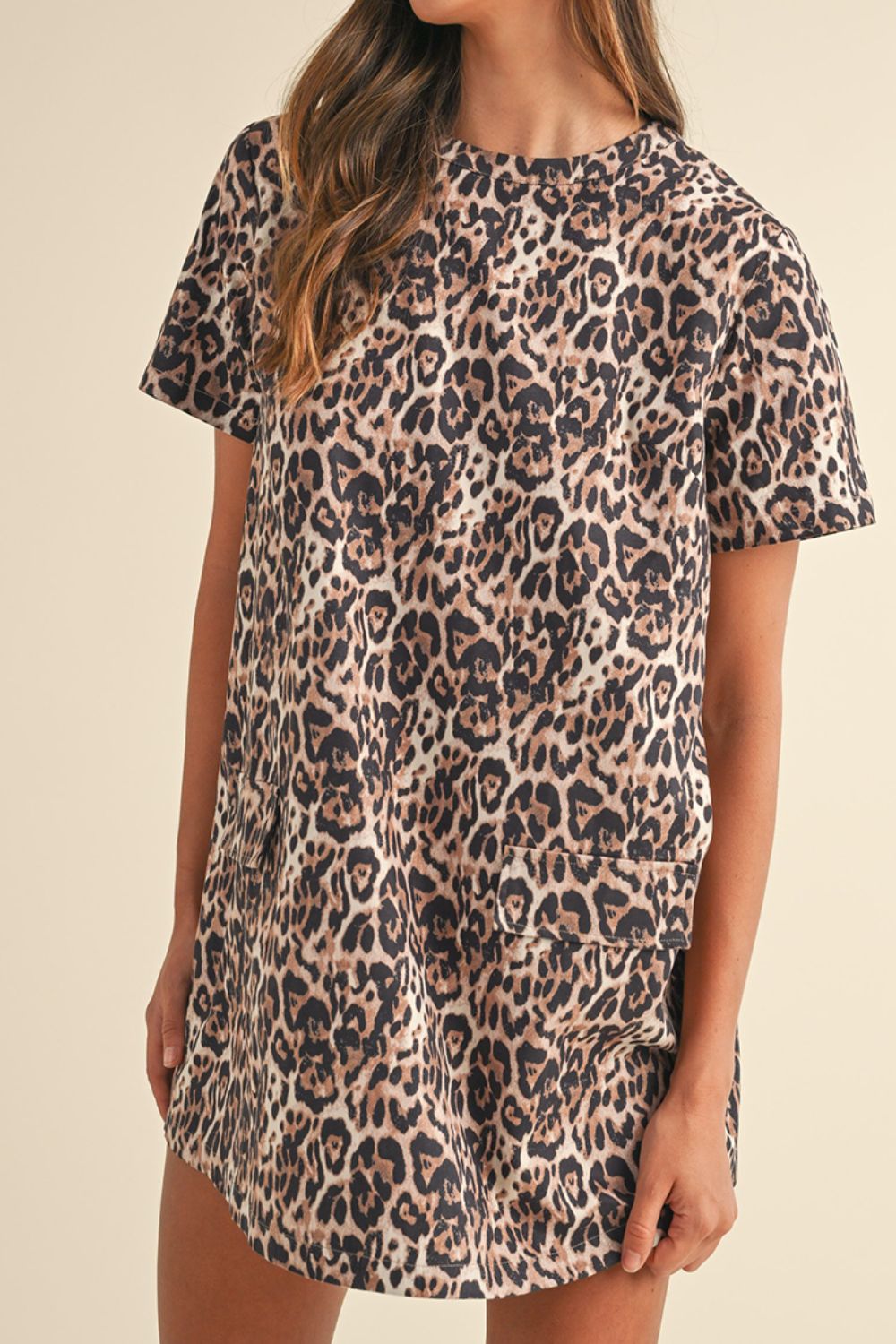 Leopard Round Neck Short Sleeve Mini Dress