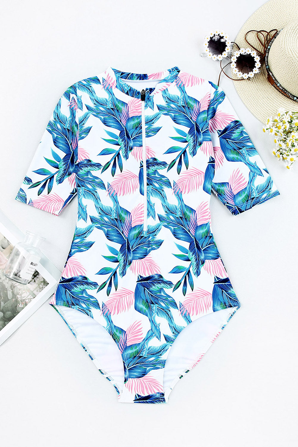 Printed Notched Half Sleeve One-Piece Swimwear