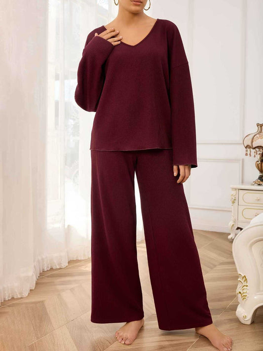 V-Neck Long Sleeve Top and Wide Leg Pants Set