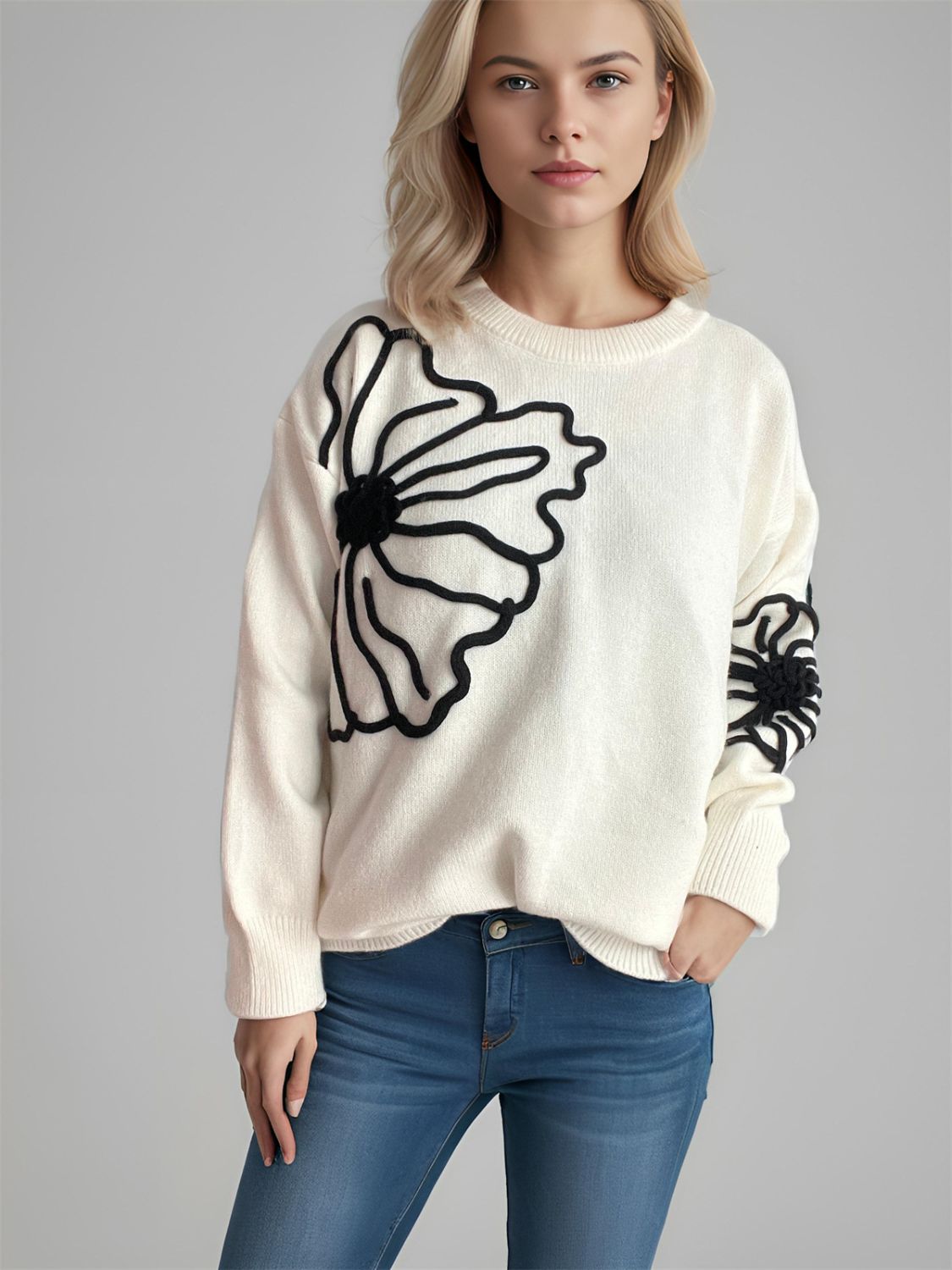 Flower Round Neck Long Sleeve Sweater