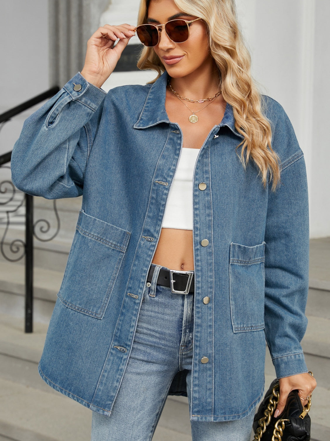 Removable Hood Button Up Long Sleeve Denim Jacket