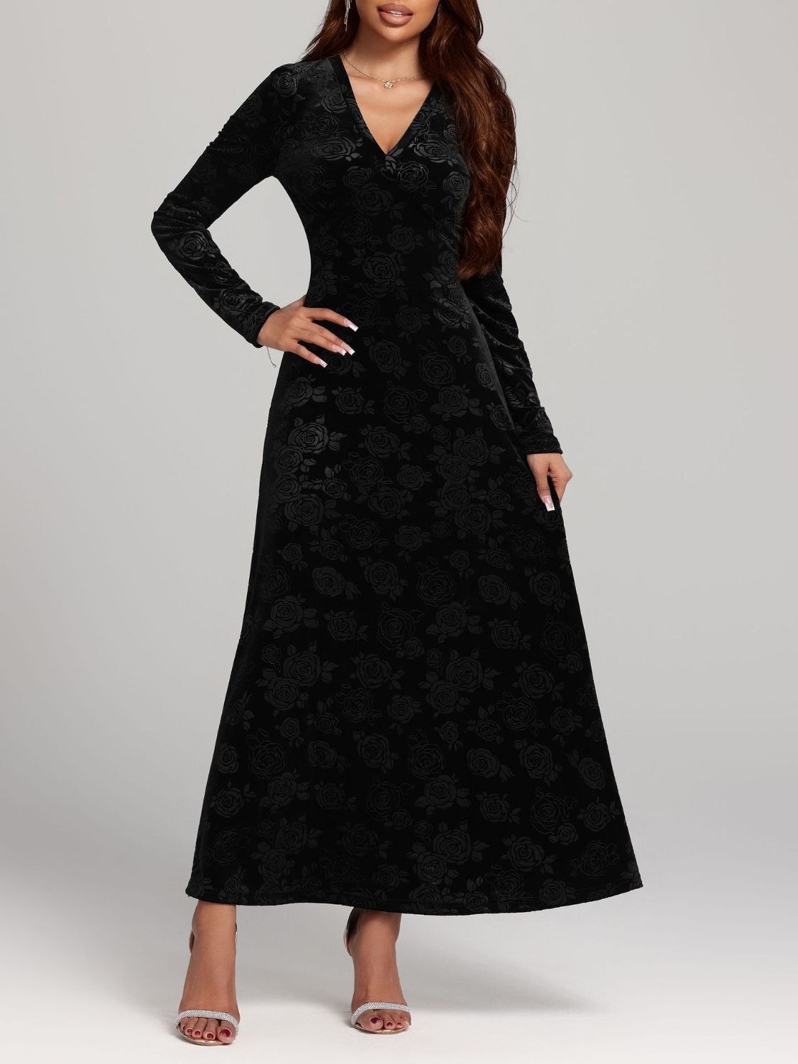 Rose Print V-Neck Long Sleeve Dress