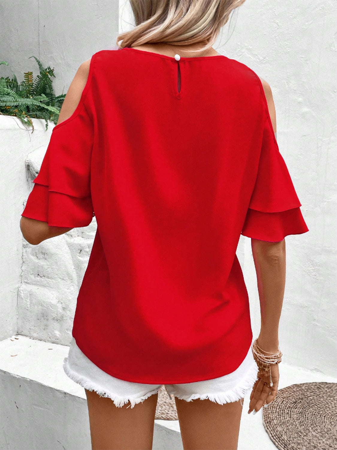 Cold Shoulder Flounce Sleeve Blouse