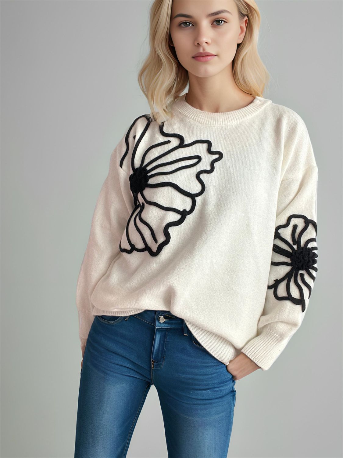 Flower Round Neck Long Sleeve Sweater