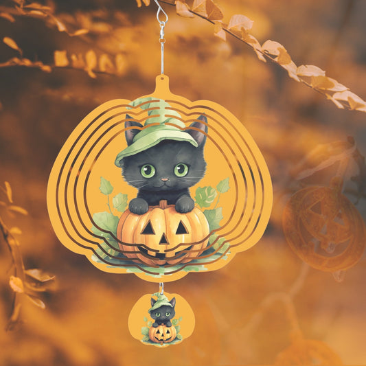 Black Cat With Pumpkin on Pumpkin Shaped Wind Spinner