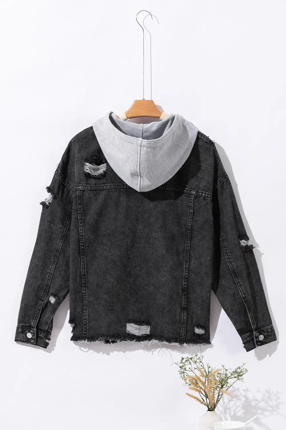 Distressed Drawstring Long Sleeve Hooded Denim Jacket