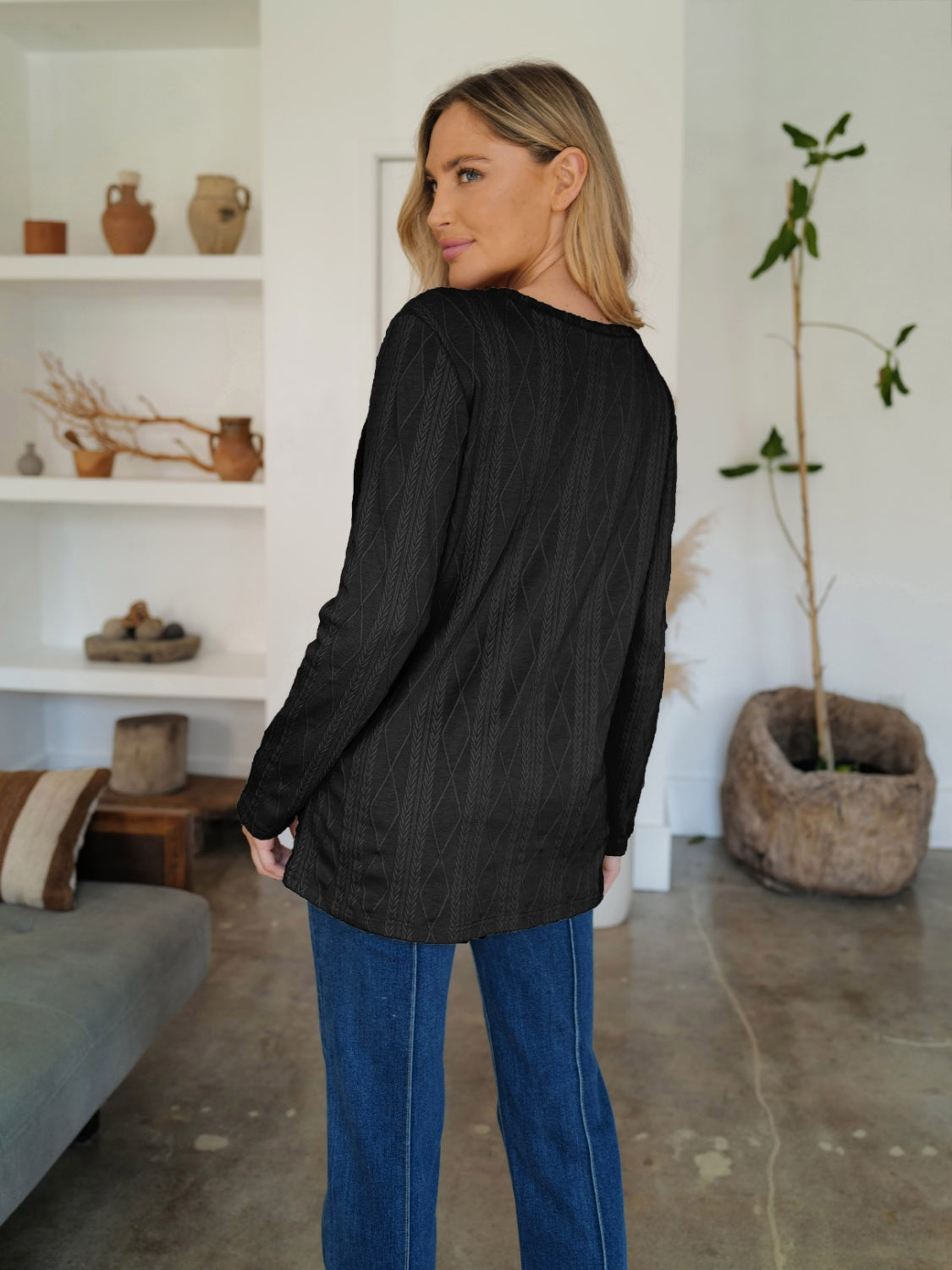 Slit Round Neck Long Sleeve T-Shirt