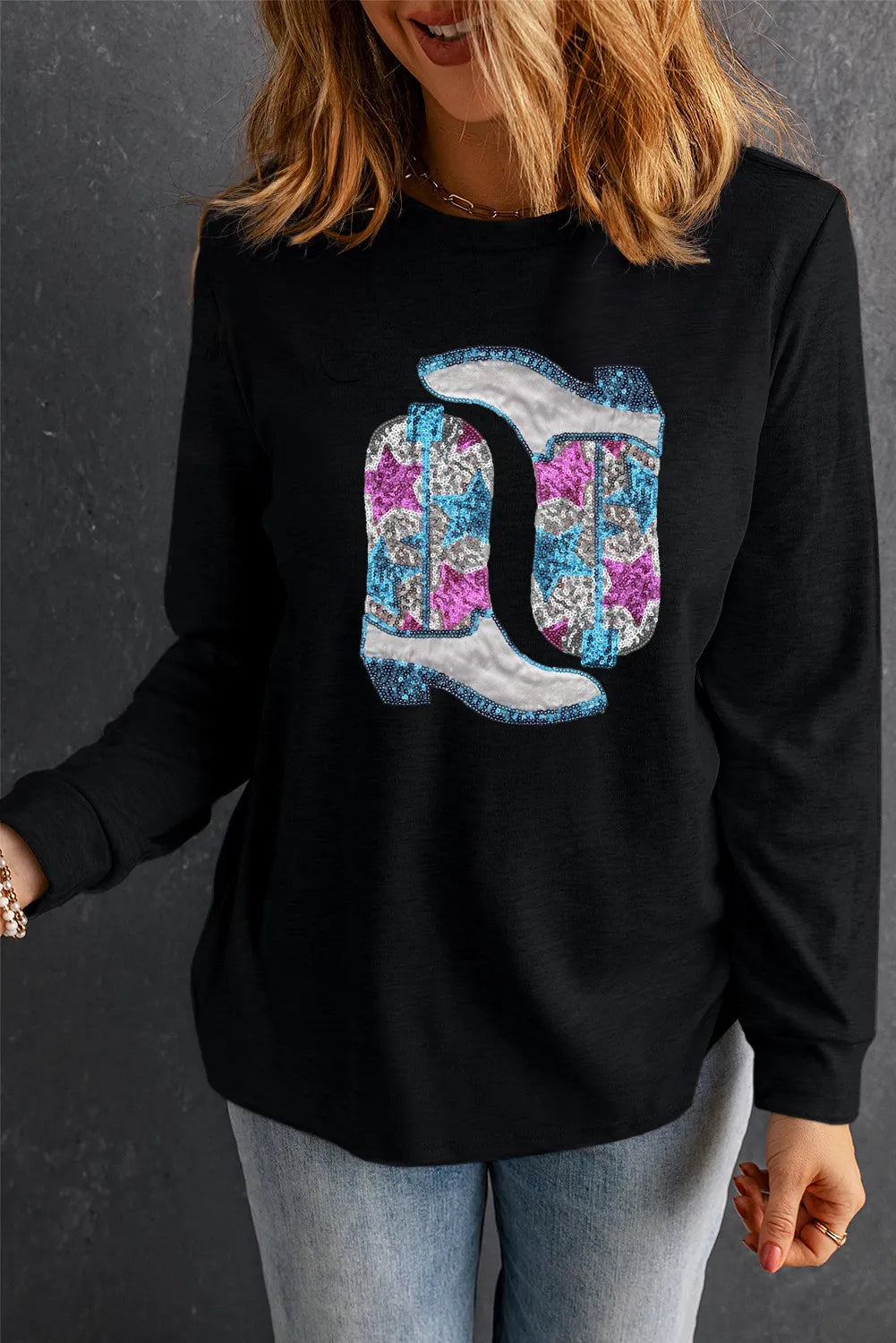 Boots Round Neck Long Sleeve Sweatshirt