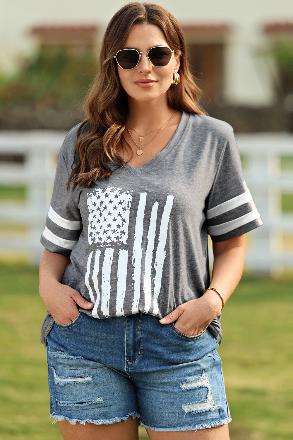 Plus Size US Flag Graphic V-Neck Tee