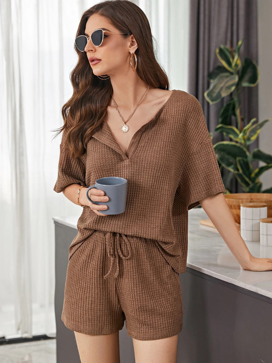 Full Size Waffle-Knit Dropped Shoulder Top and Shorts Set
