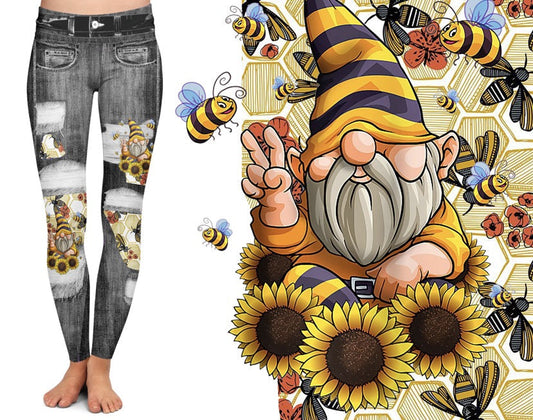 Faux denim sunflower gnome leggings with pockets