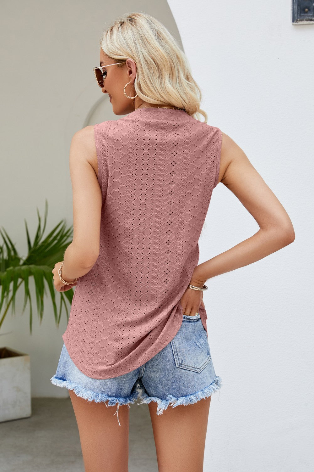 Notched Neck Curved Hem Eyelet Tank