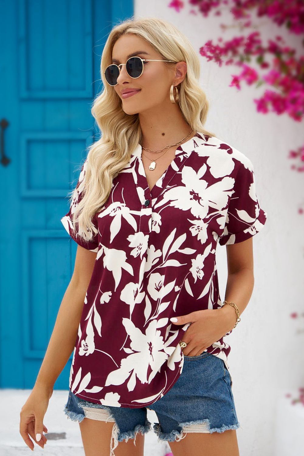 Floral Notched Neck Cuffed Blouse