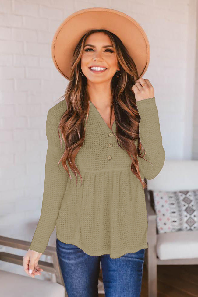 Button Front Waffle knit Peplum Top - Keene's