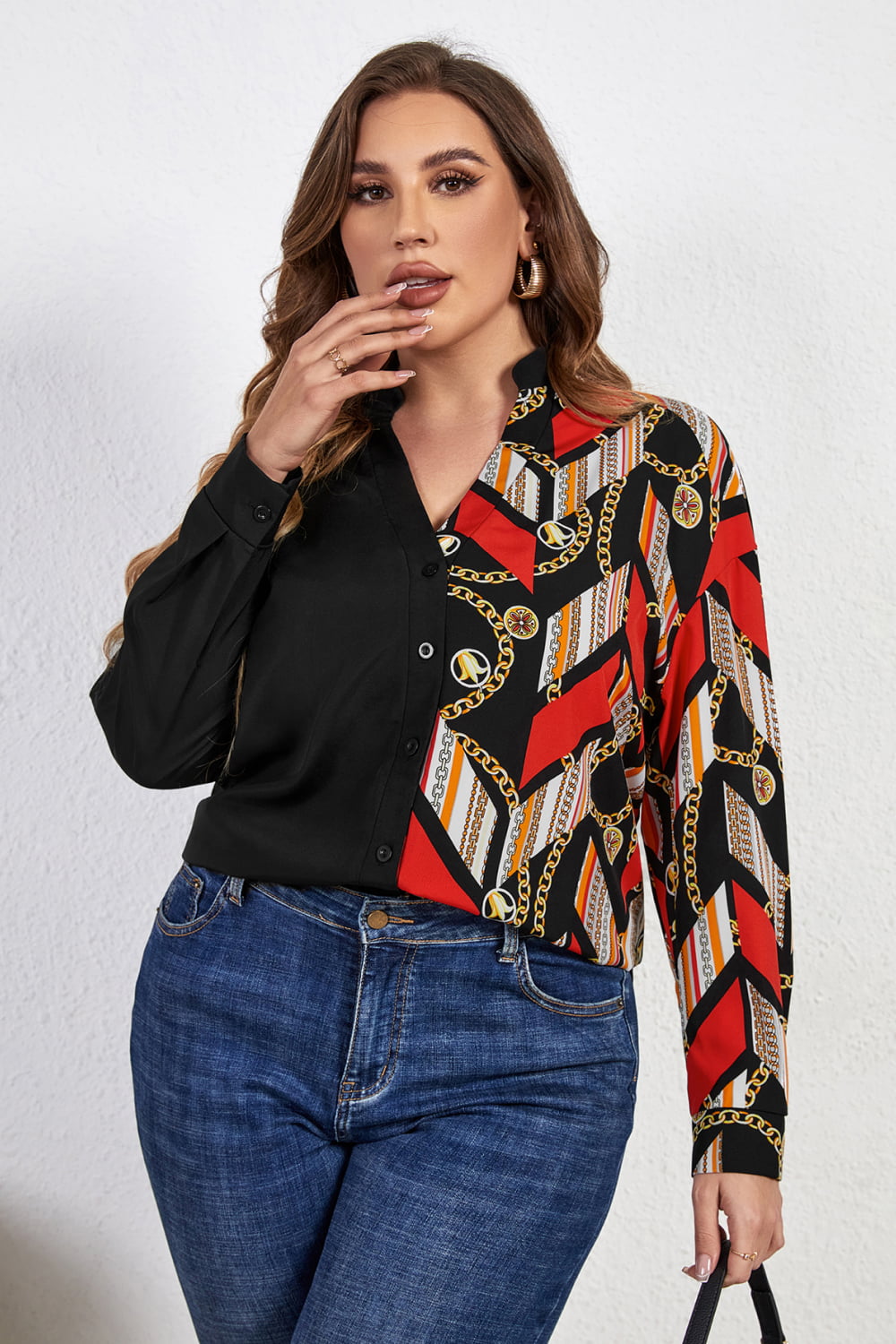 Plus Size Contrast Color Notched Neck Shirt