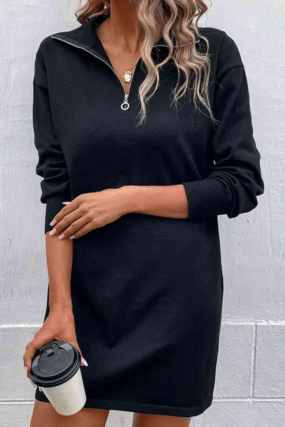 Quarter-Zip Dropped Shoulder Knit Dress