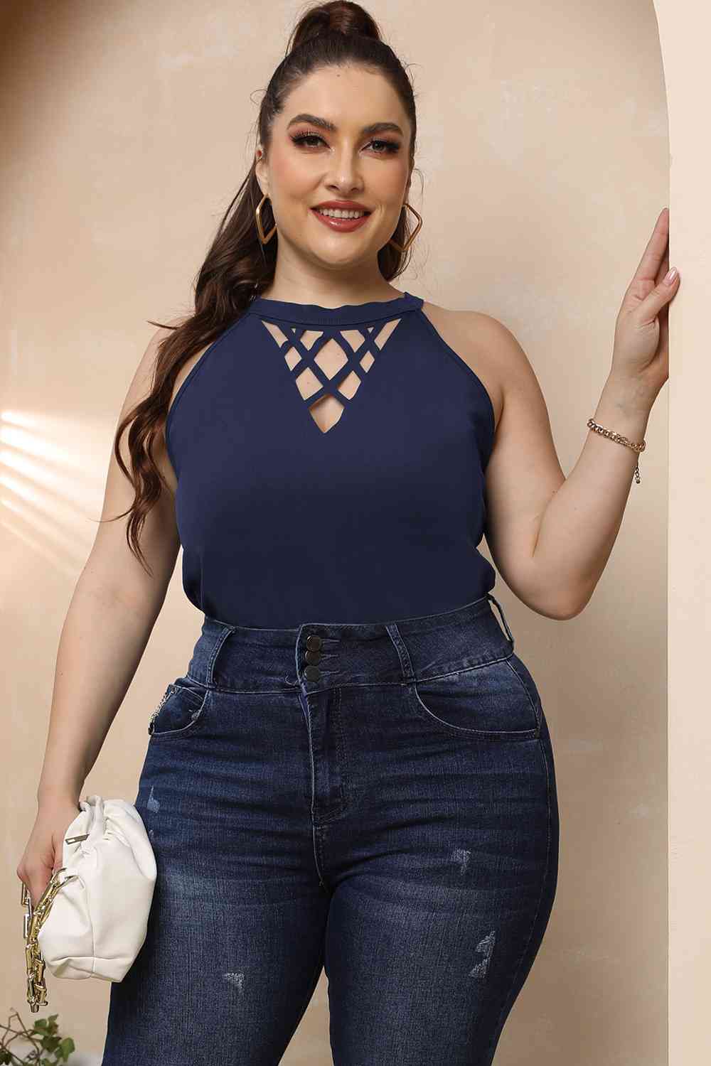 Plus Size Halter Neck Cutout Sleeveless Top