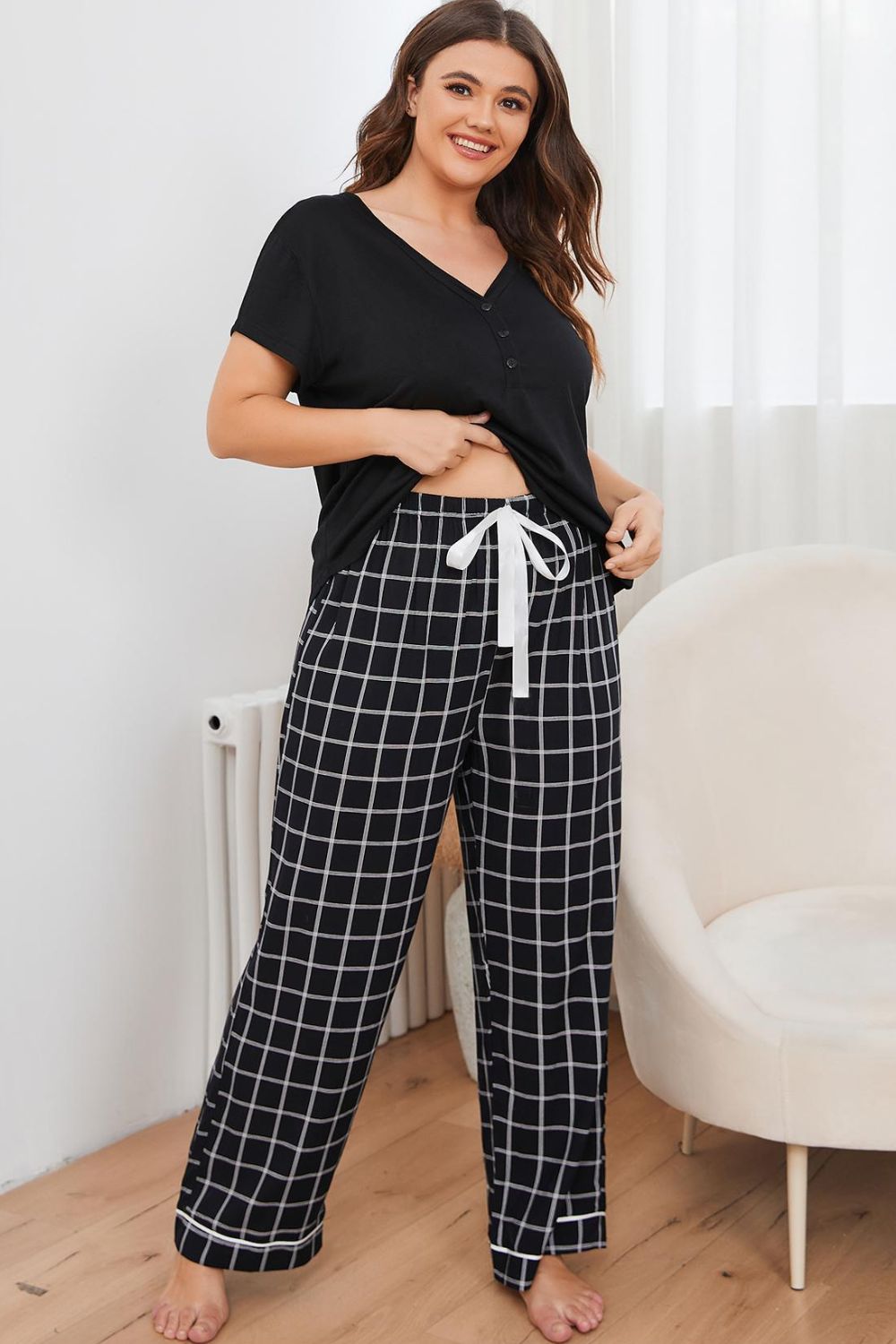 Plus Size V-Neck Top and Plaid Pants Lounge Set