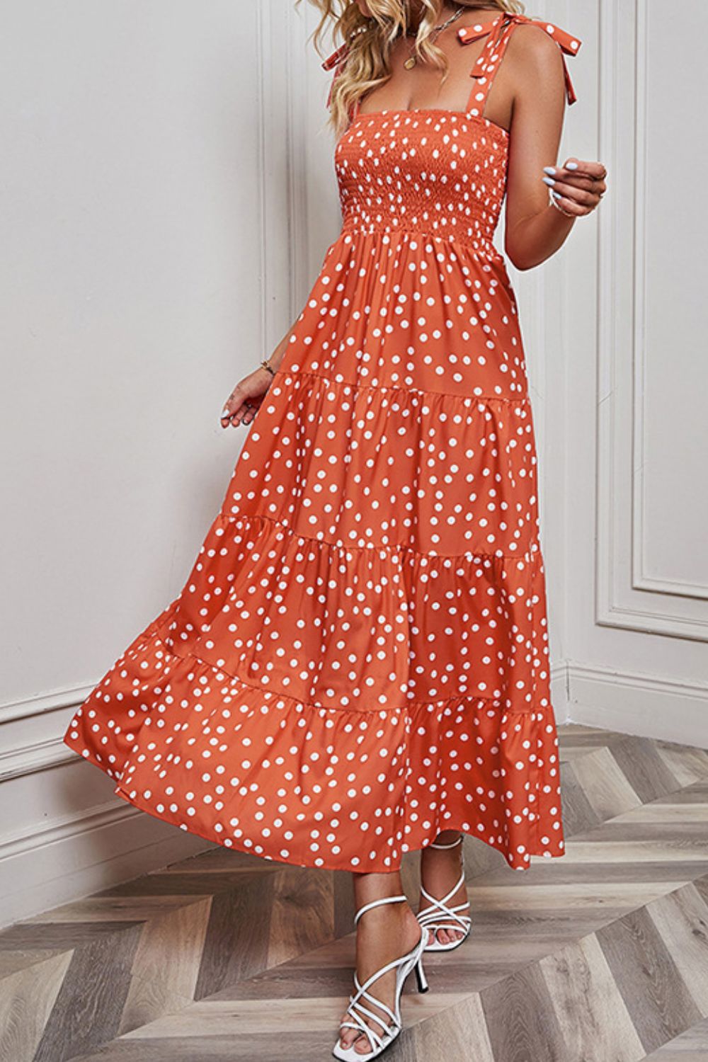 Polka Dot Smocked Tiered Sleeveless Dress