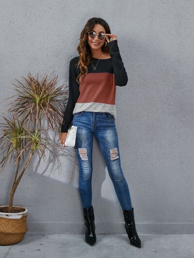 Color Block Round Neck Long Sleeve T-Shirt