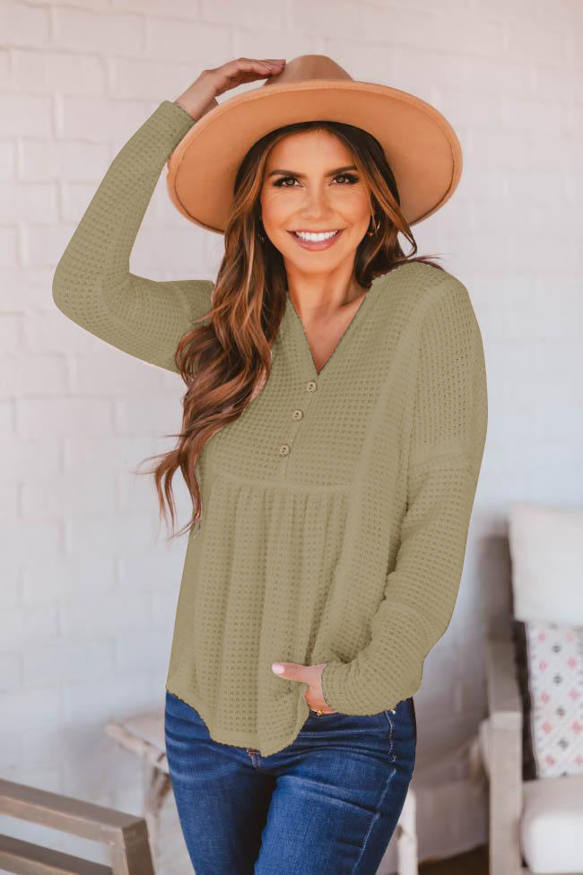 Button Front Waffle knit Peplum Top - Keene's