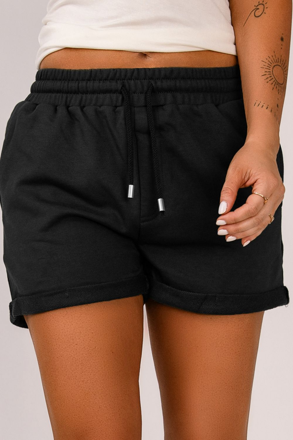 Drawstring Cuffed Shorts with Pockets