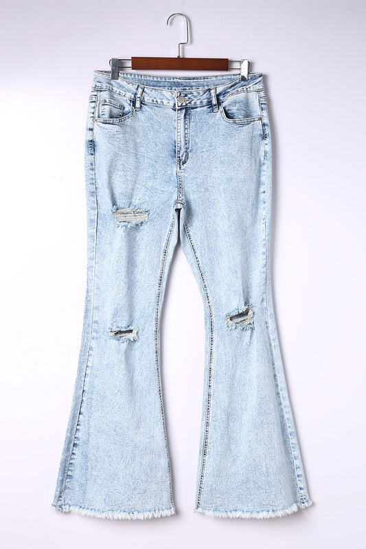 Distressed Frayed Trim Flared Jeans