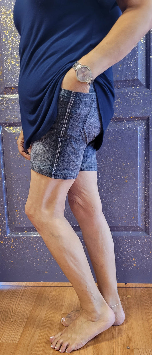 Faux denim blue & black biker shorts blue and black