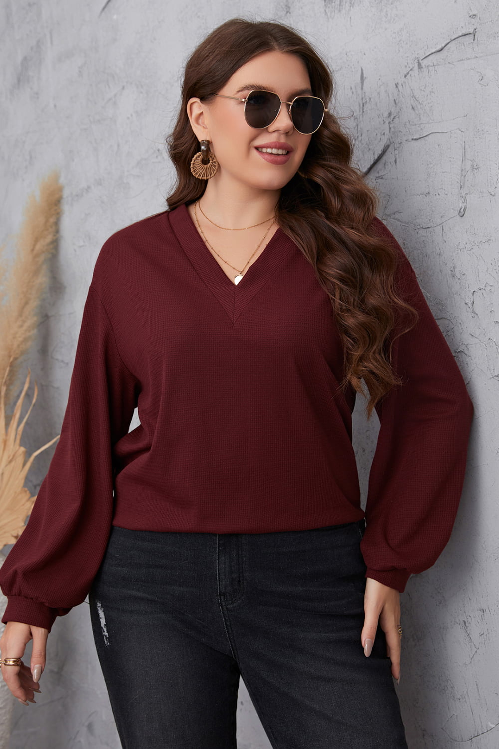 Plus Size V-Neck Dropped Shoulder Blouse