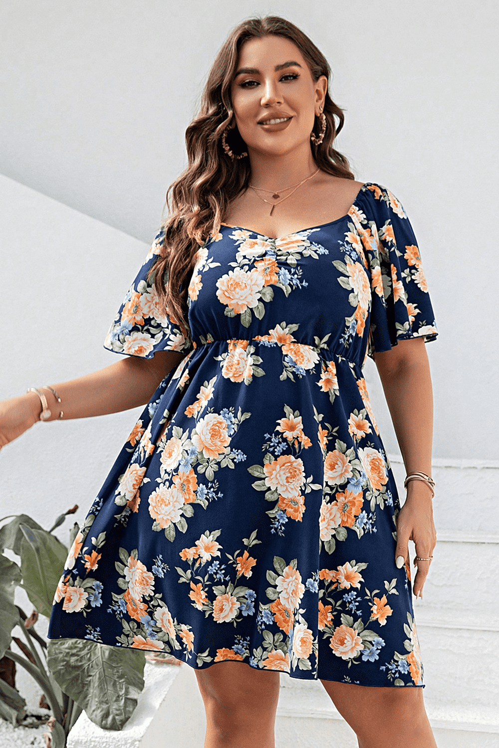 Plus Size Floral Print V-Neck Flutter Sleeve Mini Dress