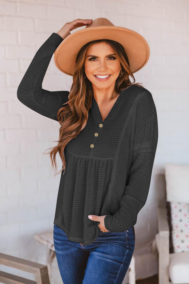 Button Front Waffle knit Peplum Top - Keene's