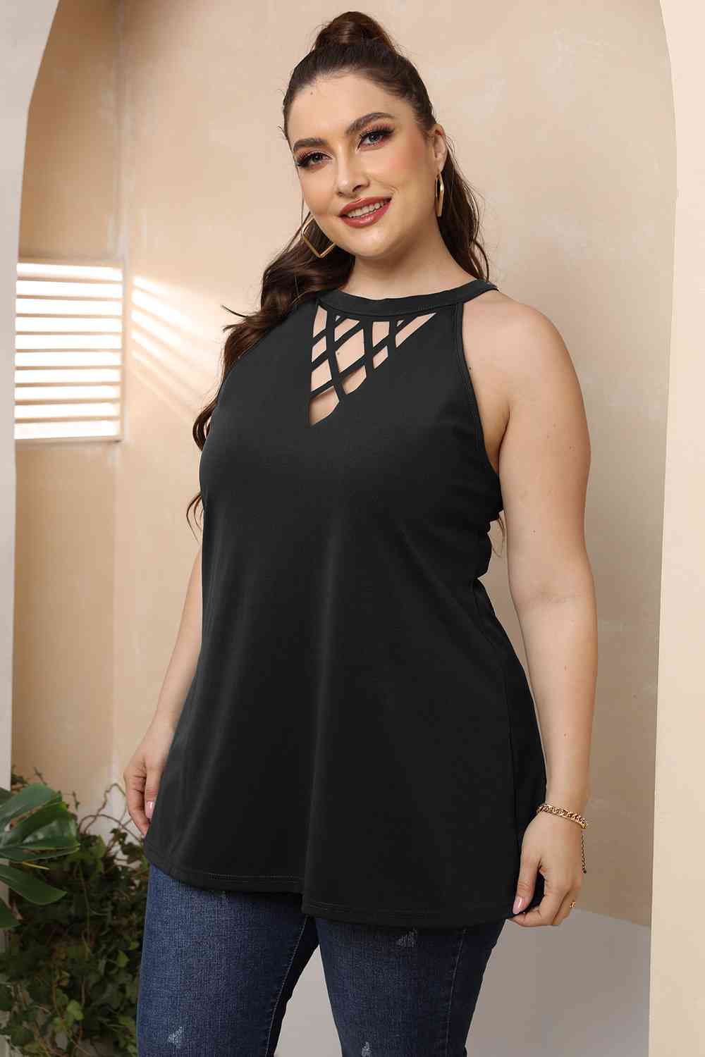 Plus Size Halter Neck Cutout Sleeveless Top