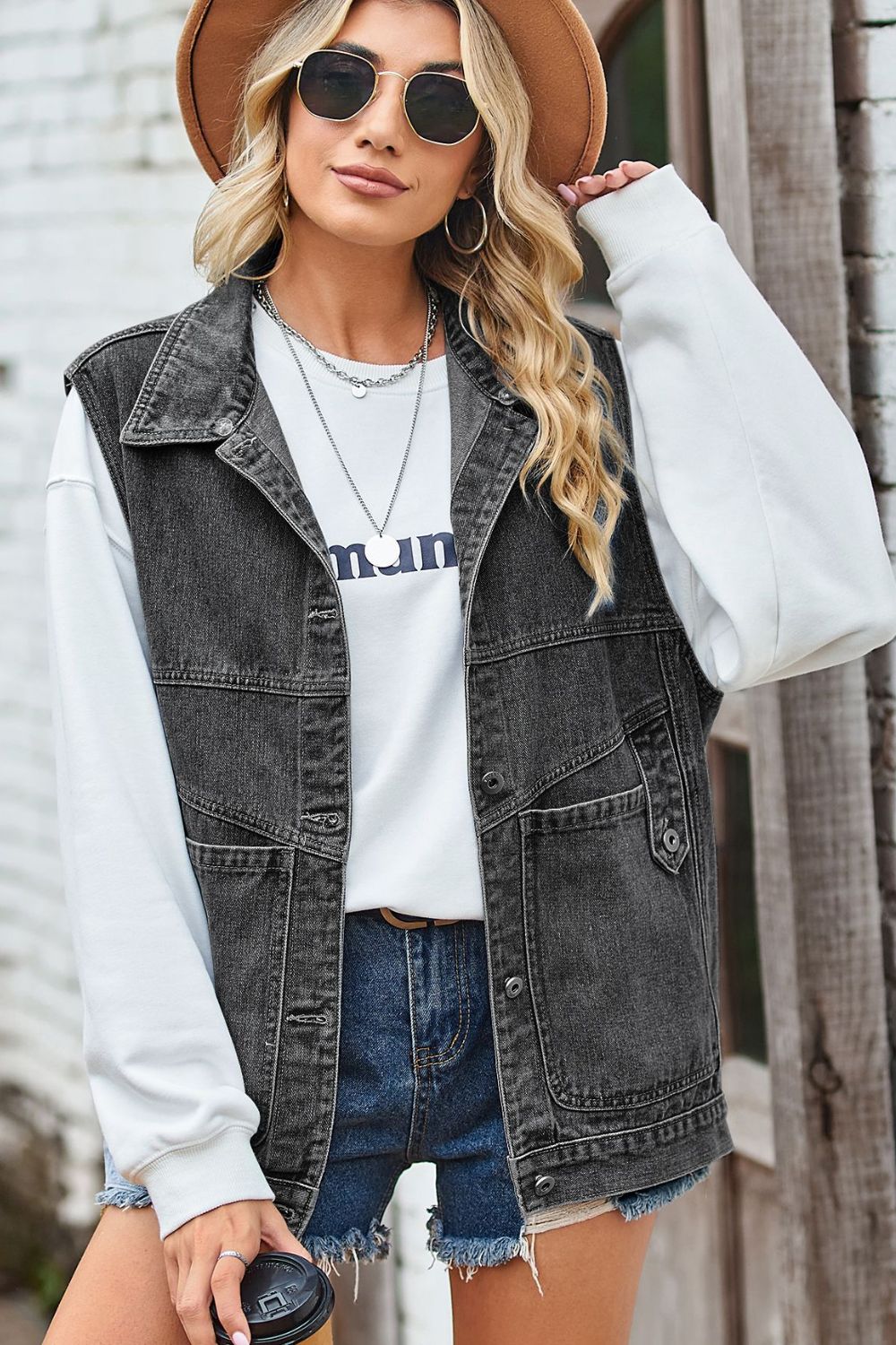 Sleeveless Denim Top with A Detachable Hood